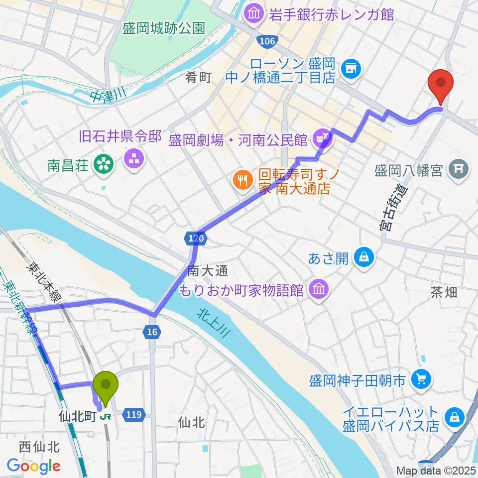 盛岡クラブチェンジの最寄駅仙北町駅からの徒歩ルート（約28分）地図