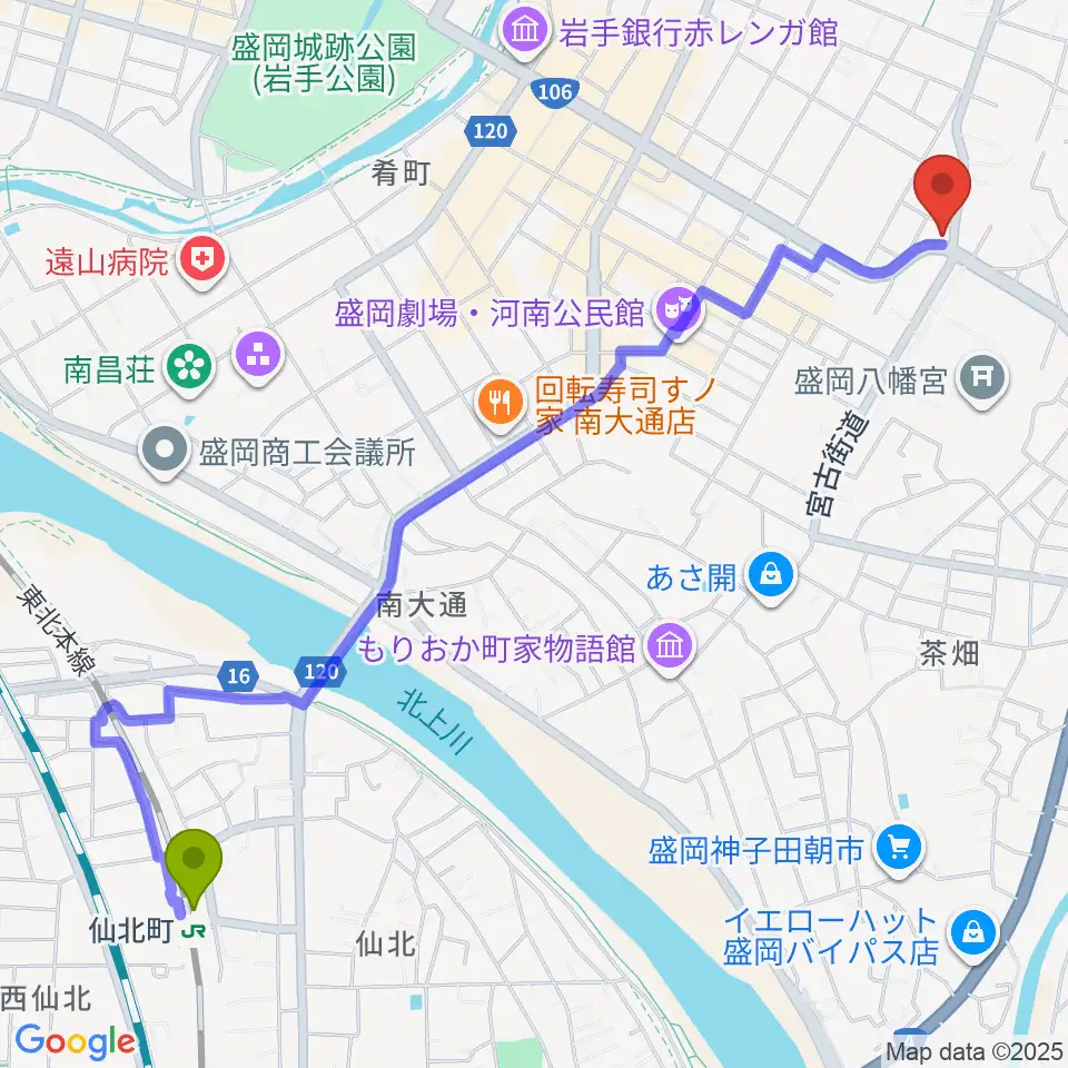 盛岡クラブチェンジの最寄駅仙北町駅からの徒歩ルート（約28分）地図