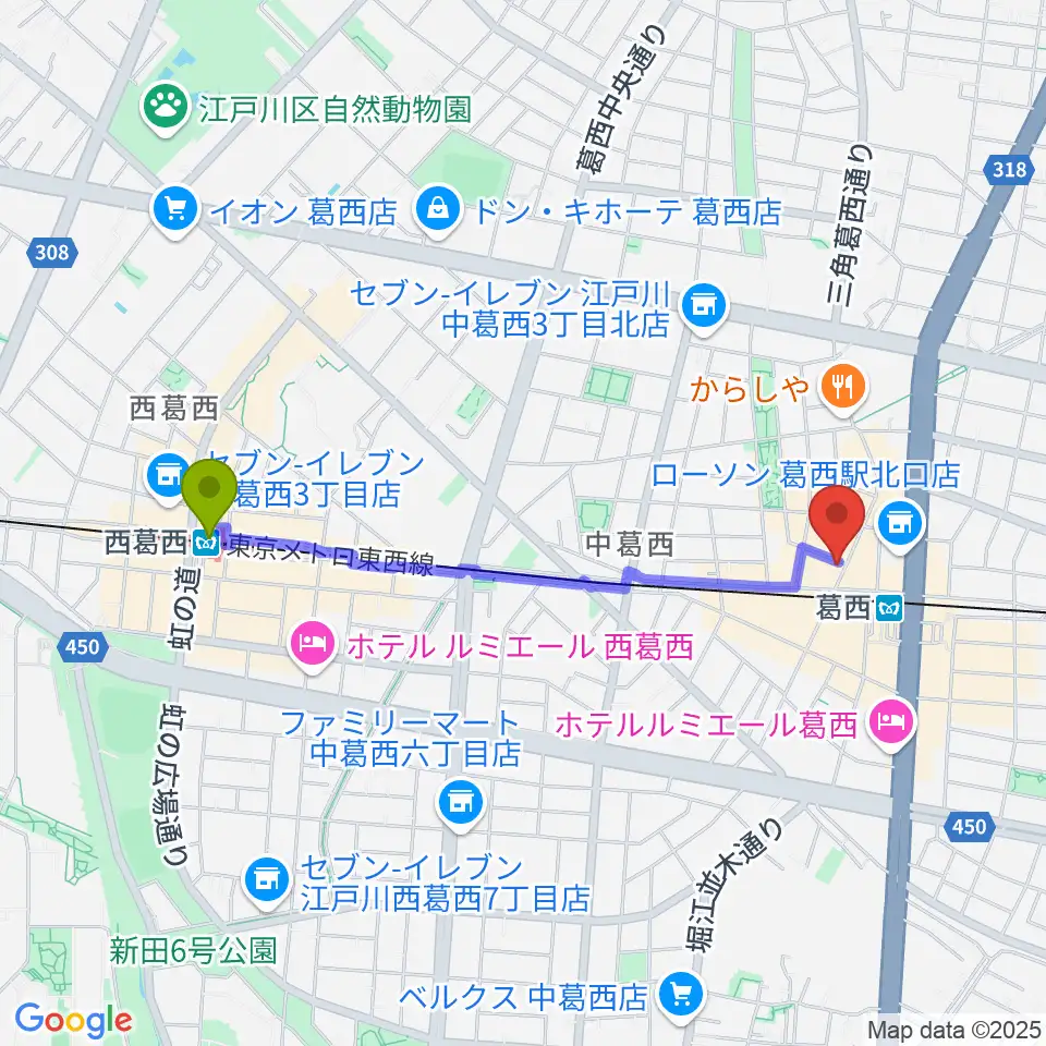 西葛西駅からリンキーディンク葛西店へのルートマップ地図