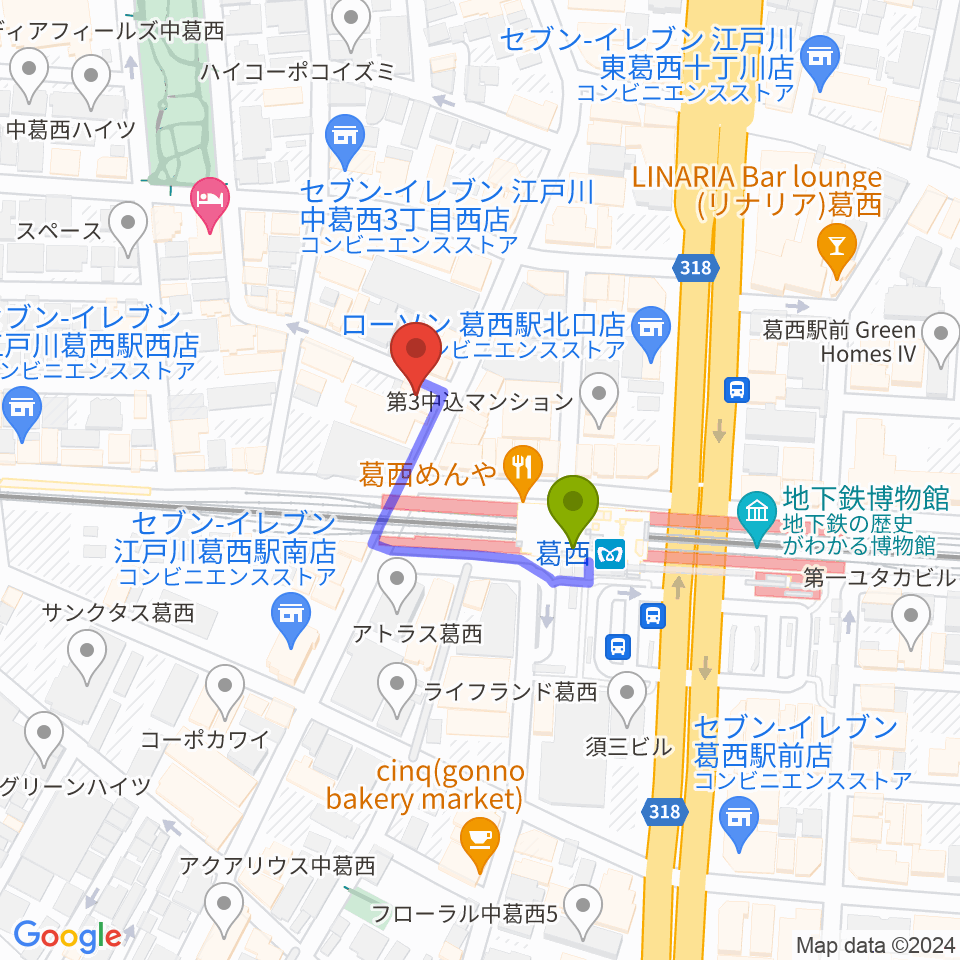 リンキーディンク葛西店の最寄駅葛西駅からの徒歩ルート（約2分）地図