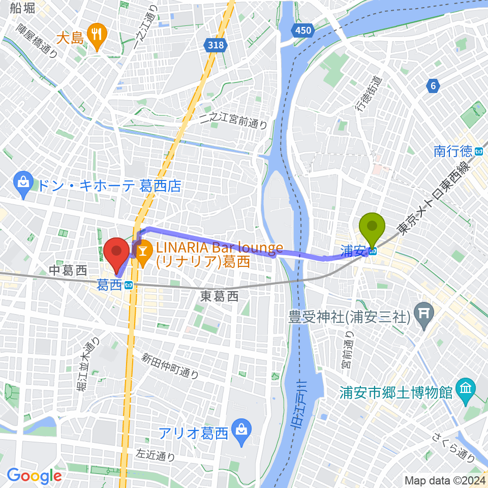 浦安駅からリンキーディンク葛西店へのルートマップ地図