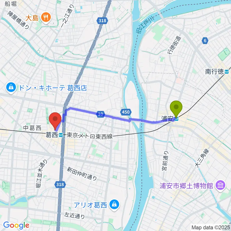 浦安駅からリンキーディンク葛西店へのルートマップ地図