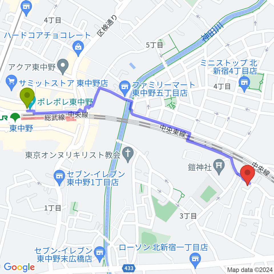 東中野駅から中川ピアノ教室 新宿校へのルートマップ地図