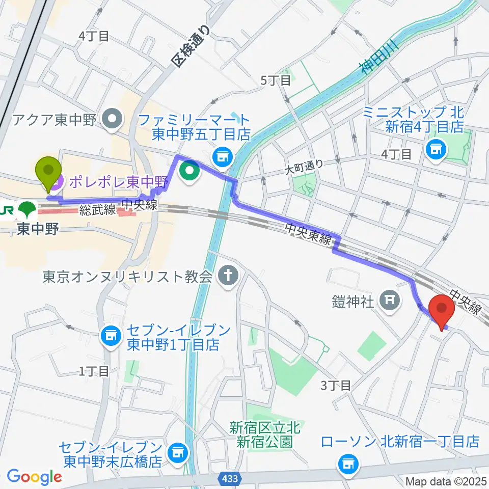 東中野駅から中川ピアノ教室 新宿校へのルートマップ地図
