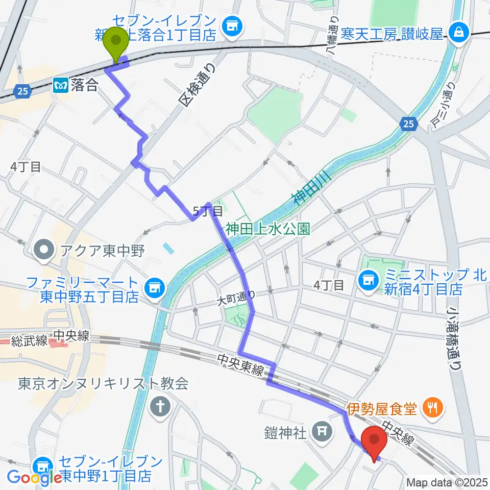 落合駅から中川ピアノ教室 新宿校へのルートマップ地図