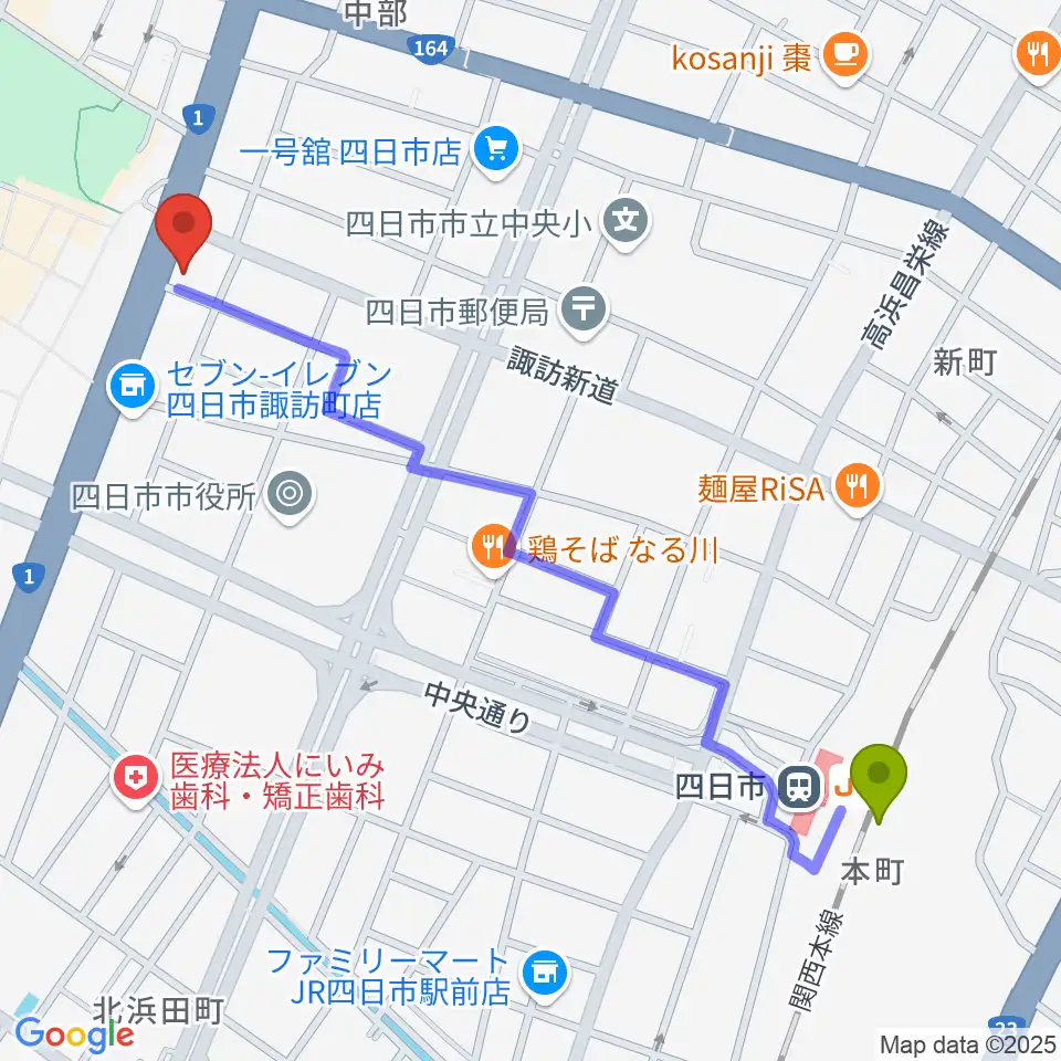 四日市駅から四日市VORTEXへのルートマップ地図