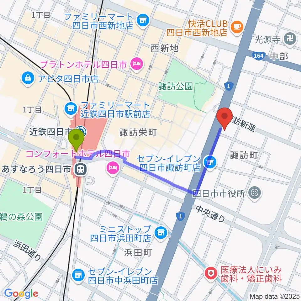 四日市VORTEXの最寄駅近鉄四日市駅からの徒歩ルート（約8分）地図