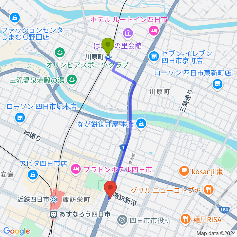 川原町駅から四日市VORTEXへのルートマップ地図