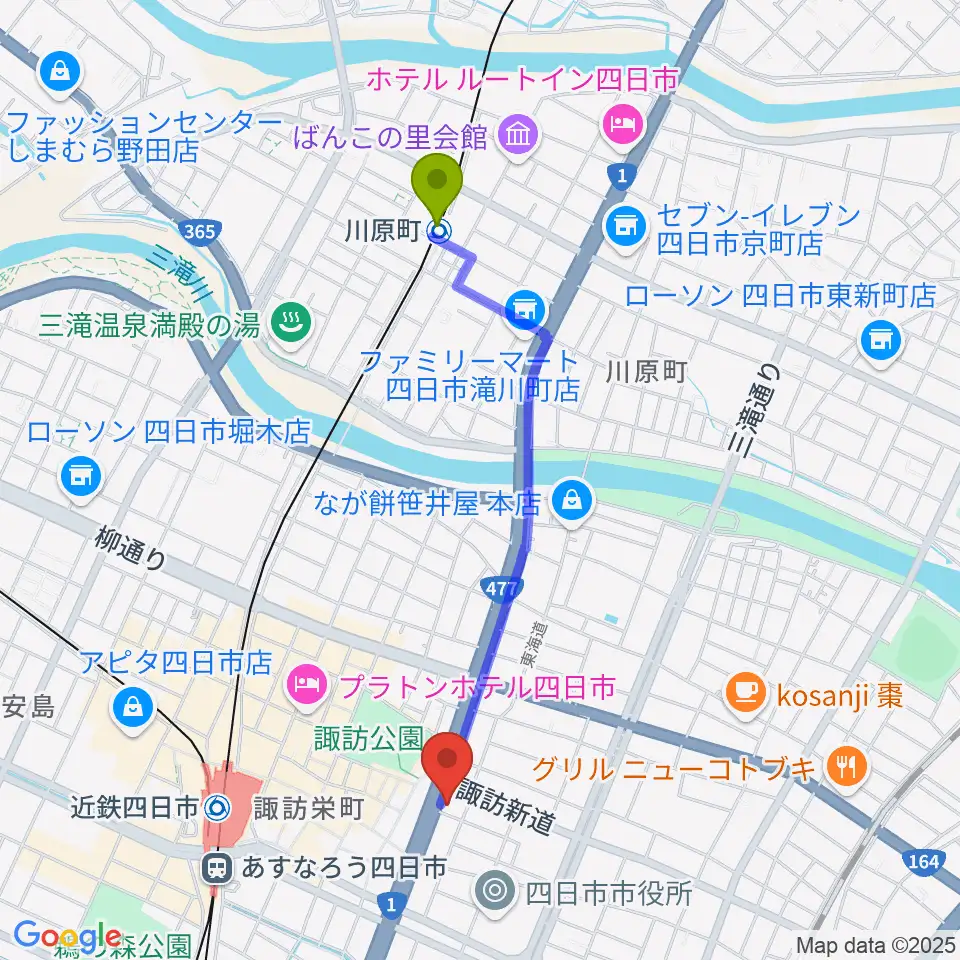 川原町駅から四日市VORTEXへのルートマップ地図