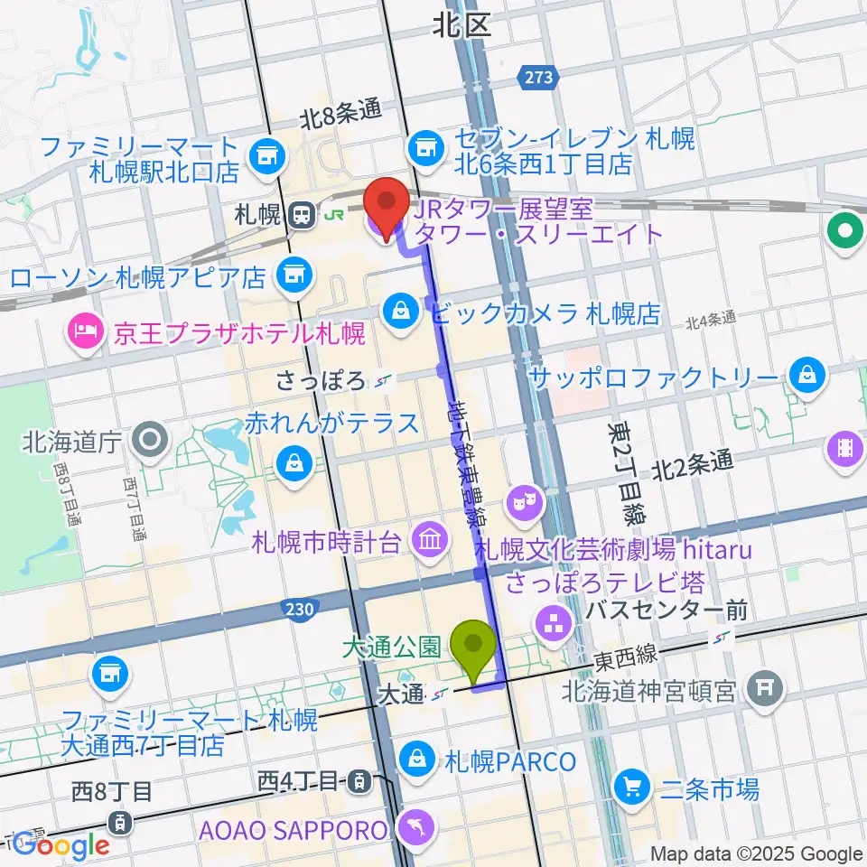 大通駅から島村楽器 札幌ステラプレイス店へのルートマップ地図