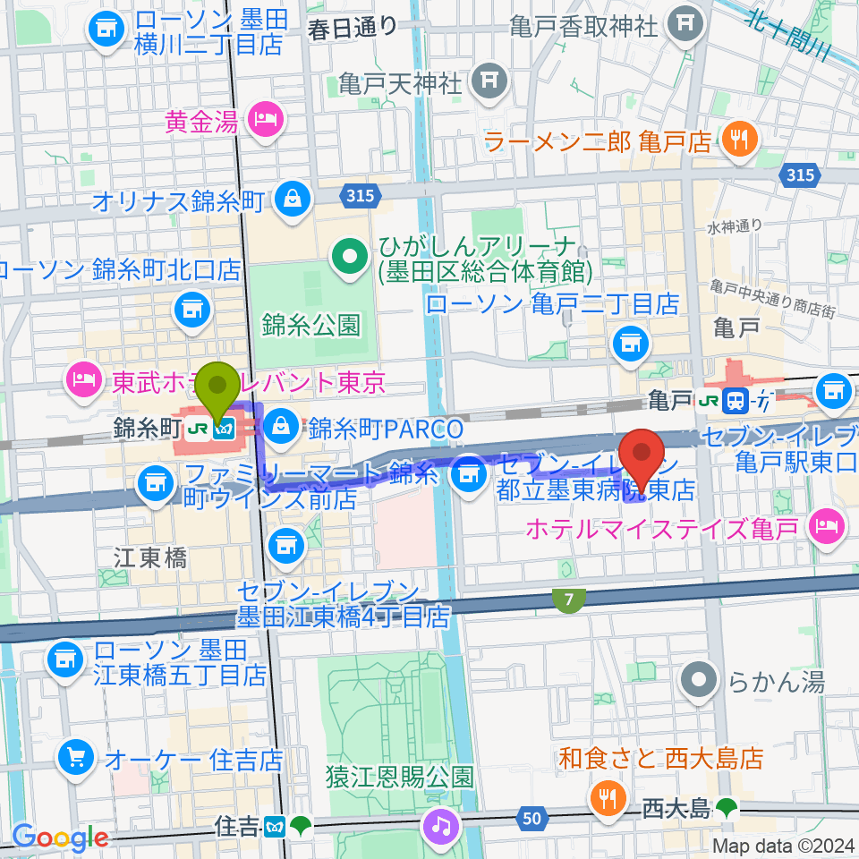 錦糸町駅からスタジオDIVO亀戸へのルートマップ地図