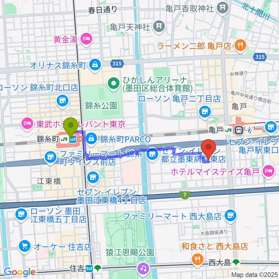 錦糸町駅からスタジオDIVO亀戸へのルートマップ地図