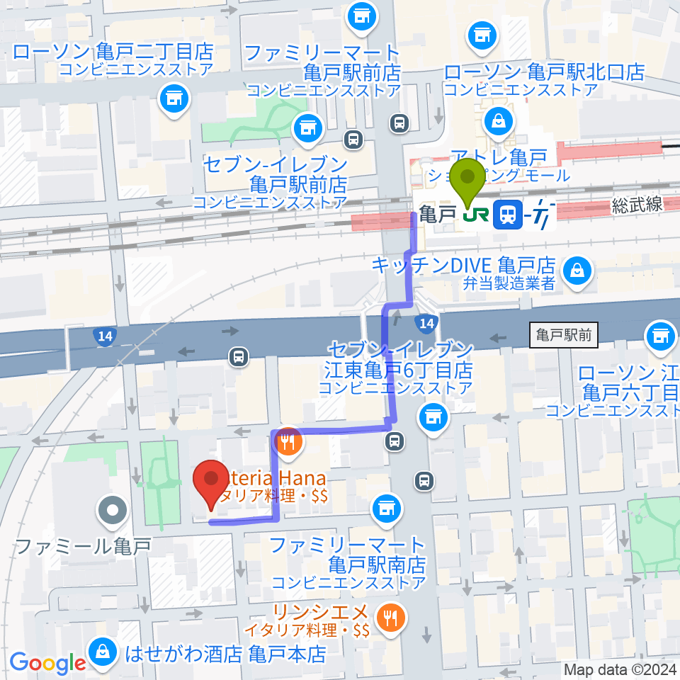 スタジオDIVO亀戸の最寄駅亀戸駅からの徒歩ルート（約5分）地図