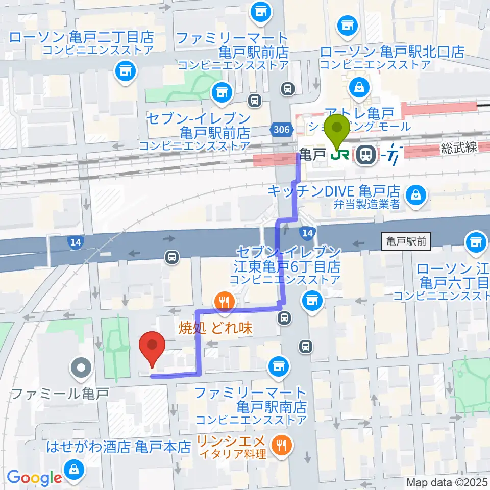 スタジオDIVO亀戸の最寄駅亀戸駅からの徒歩ルート（約5分）地図