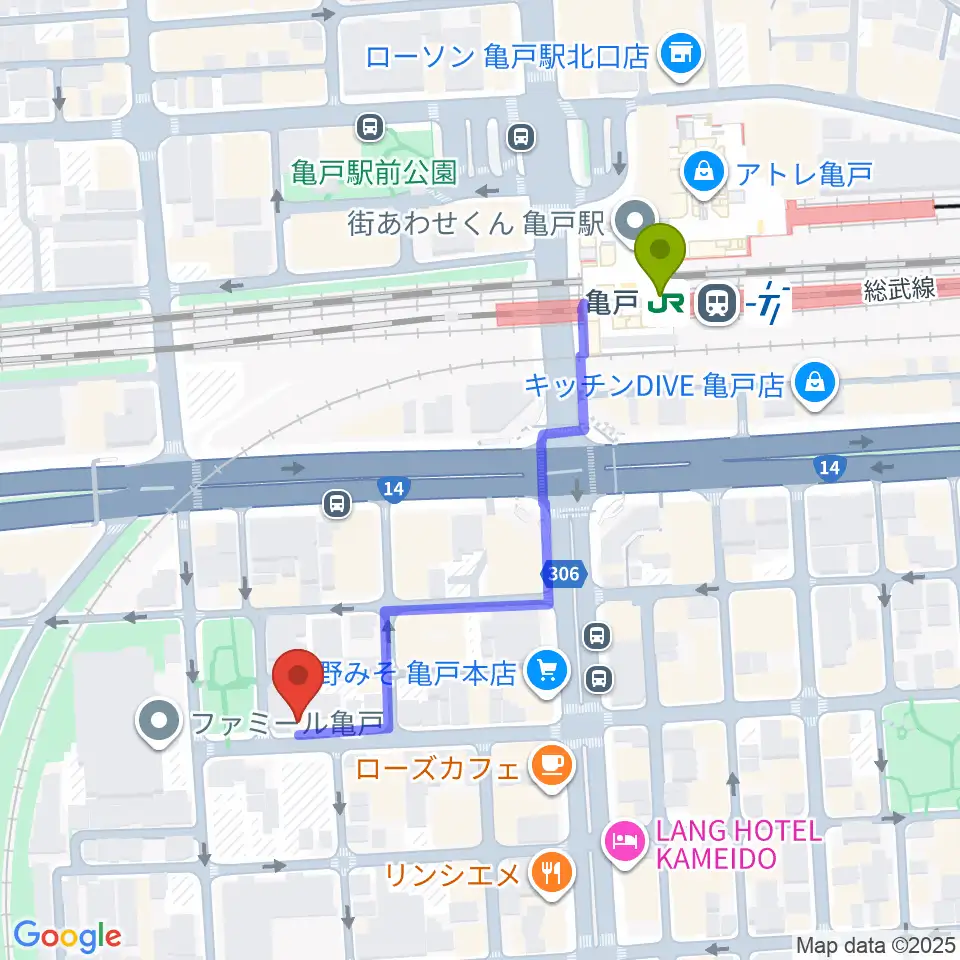 スタジオDIVO亀戸の最寄駅亀戸駅からの徒歩ルート（約5分）地図