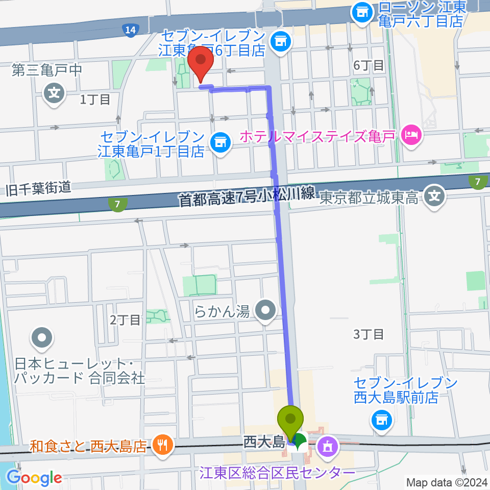 西大島駅からスタジオDIVO亀戸へのルートマップ地図