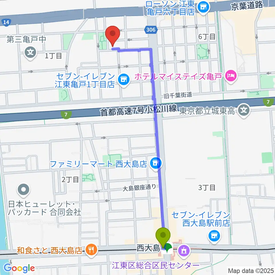 西大島駅からスタジオDIVO亀戸へのルートマップ地図