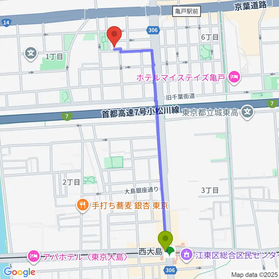 西大島駅からスタジオDIVO亀戸へのルートマップ地図