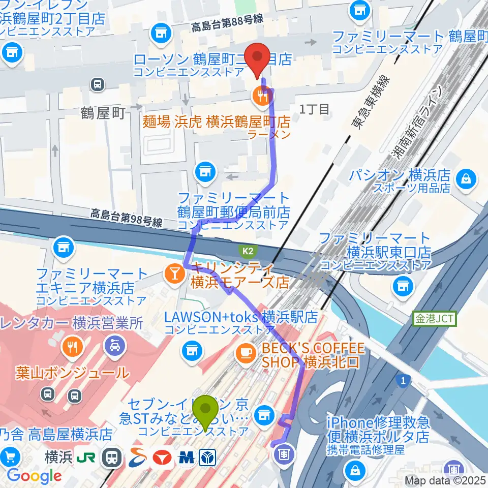 クラウドナインスタジオ 横浜北口店の最寄駅横浜駅からの徒歩ルート（約6分）地図