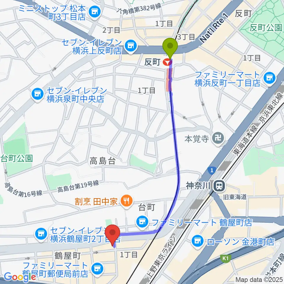 反町駅からクラウドナインスタジオ 横浜北口店へのルートマップ地図