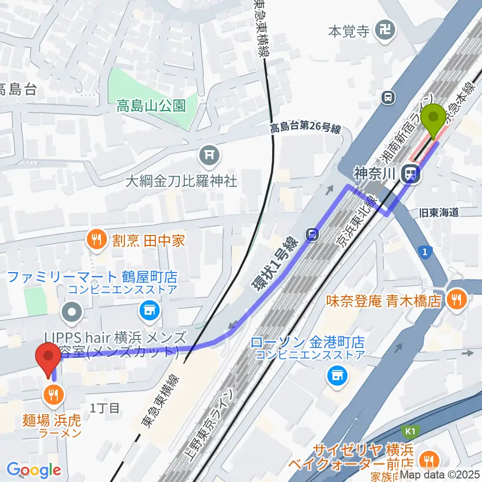 神奈川駅からクラウドナインスタジオ 横浜北口店へのルートマップ地図