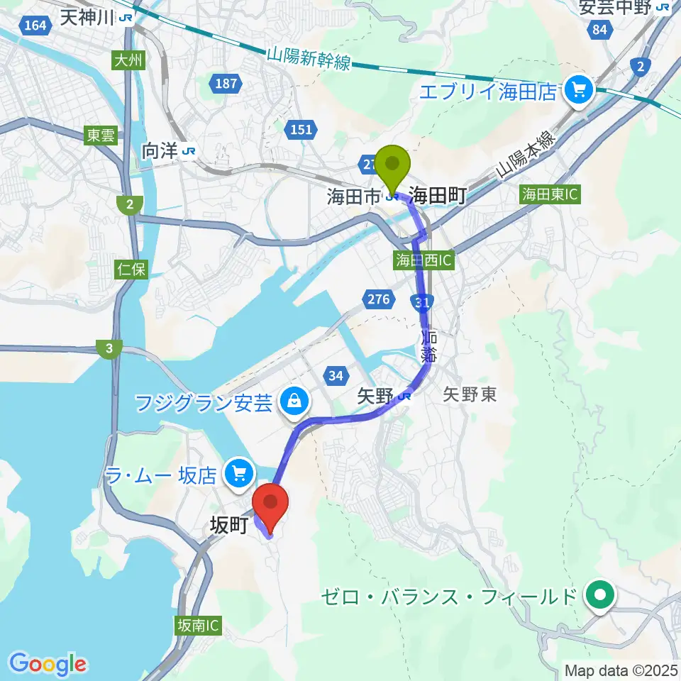海田市駅からサンスターホールへのルートマップ Mdata