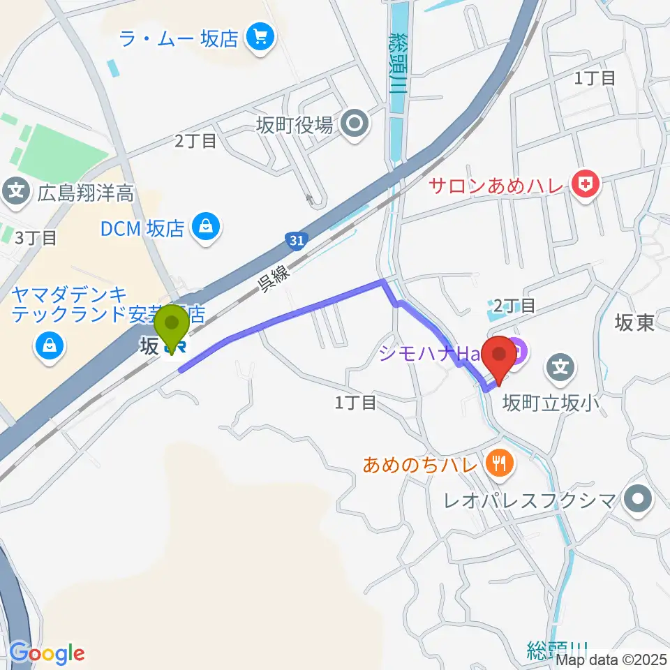 シモハナホールの最寄駅坂駅からの徒歩ルート（約8分）地図