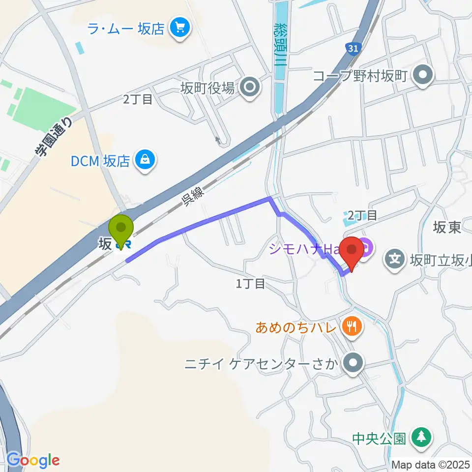 シモハナホールの最寄駅坂駅からの徒歩ルート（約8分）地図