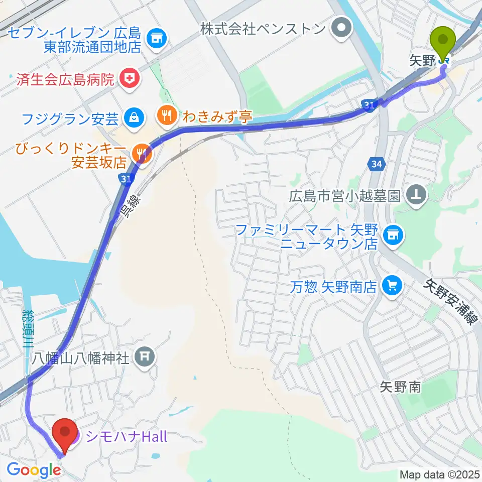 矢野駅からシモハナホールへのルートマップ地図