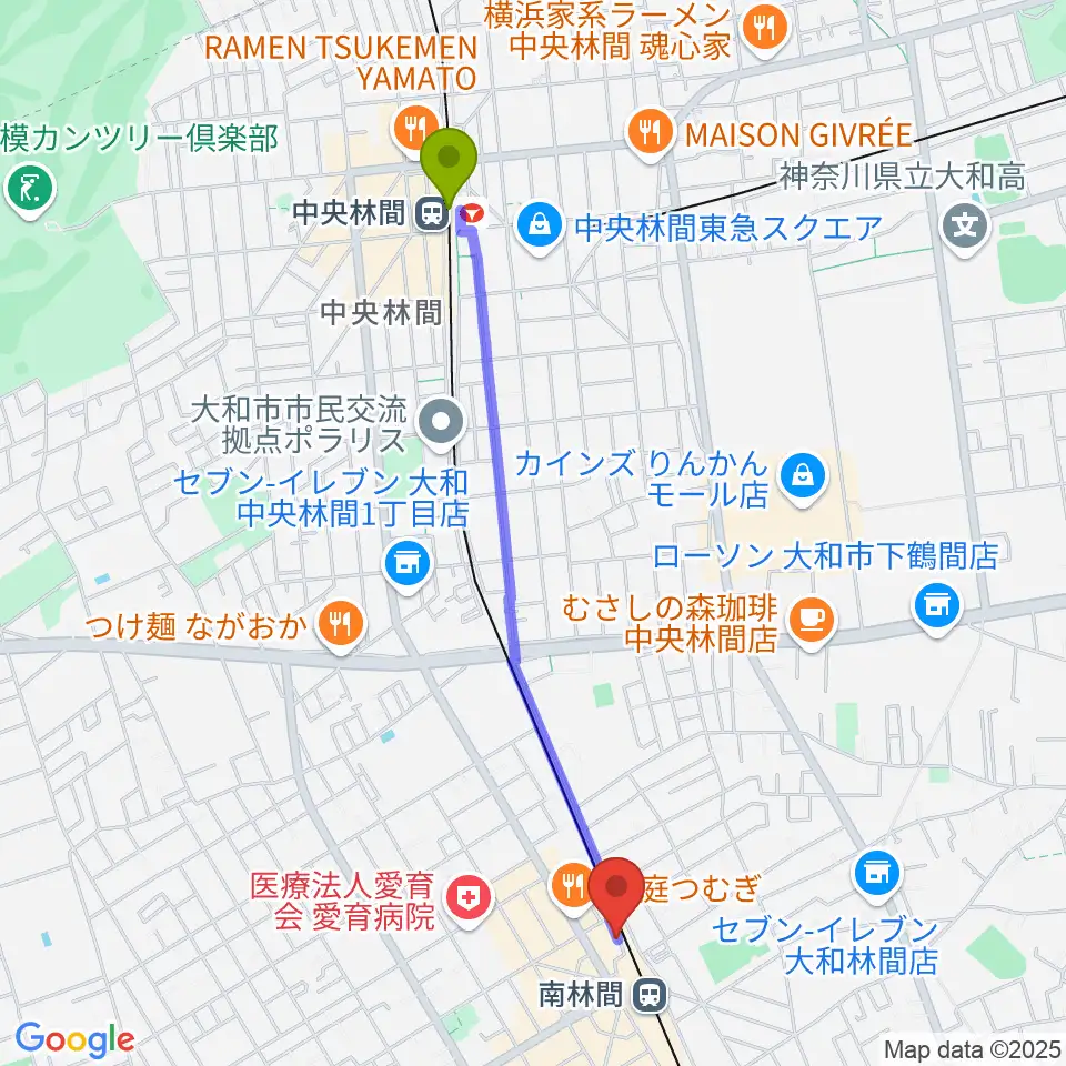 中央林間駅から相模楽器 南林間店へのルートマップ地図