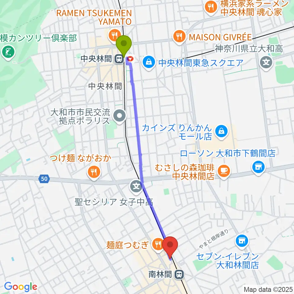 中央林間駅から相模楽器 南林間店へのルートマップ地図