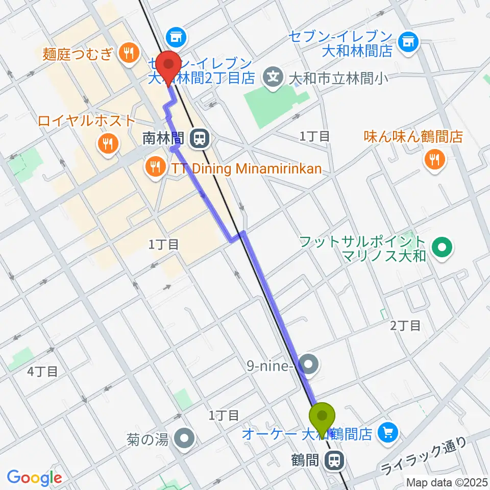 鶴間駅から相模楽器 南林間店へのルートマップ地図