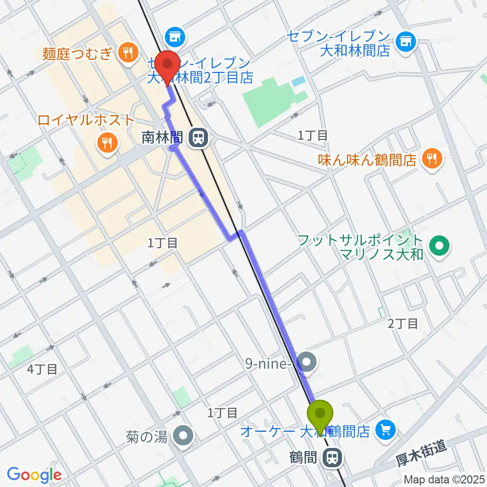 鶴間駅から相模楽器 南林間店へのルートマップ地図