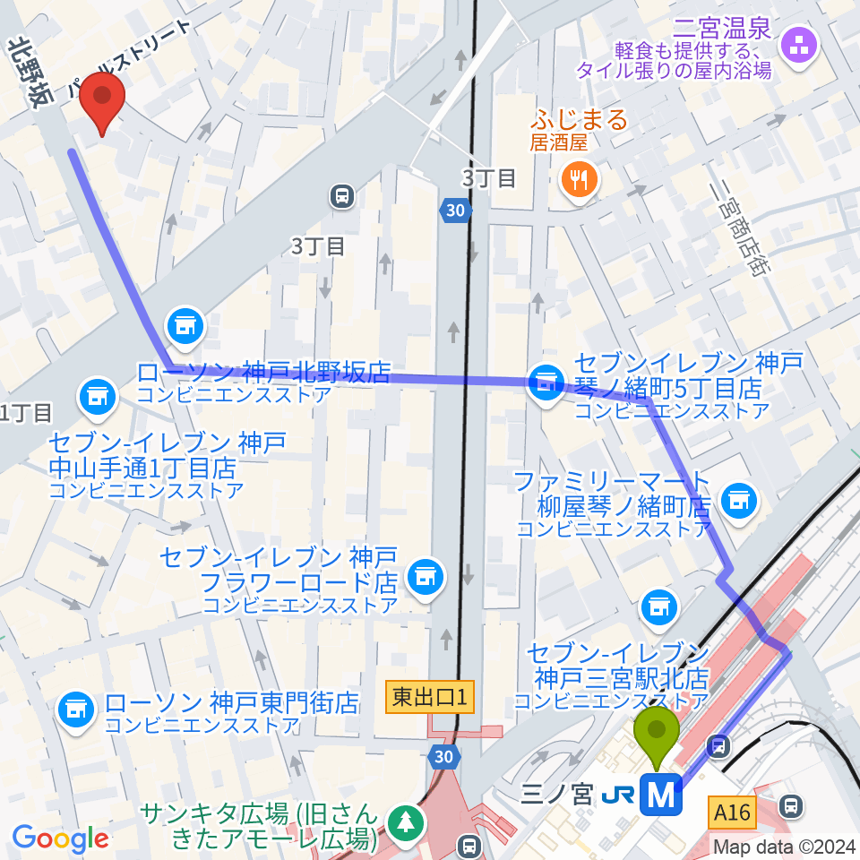 神戸Y's ROADの最寄駅三ノ宮駅からの徒歩ルート（約8分）地図