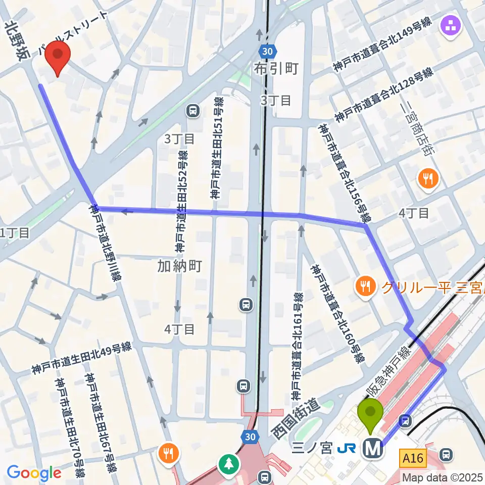 神戸Y's ROADの最寄駅三ノ宮駅からの徒歩ルート（約8分）地図
