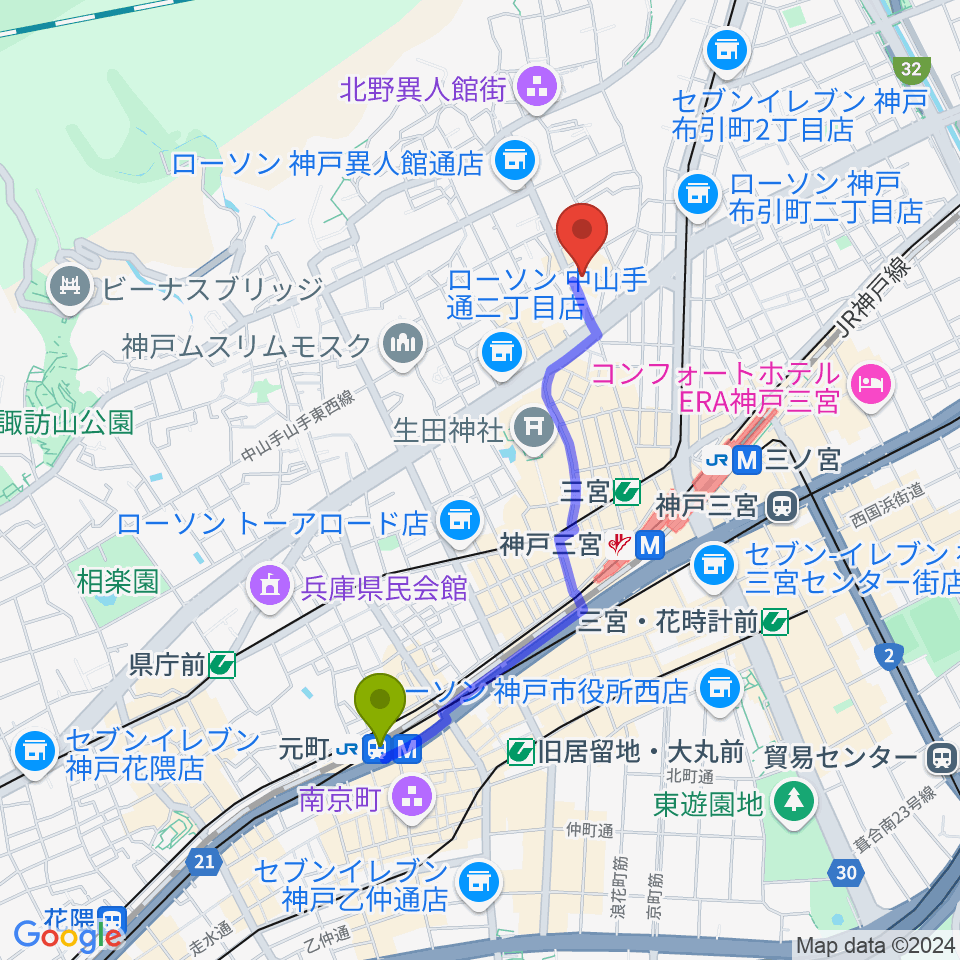 元町駅から神戸Y's ROADへのルートマップ地図