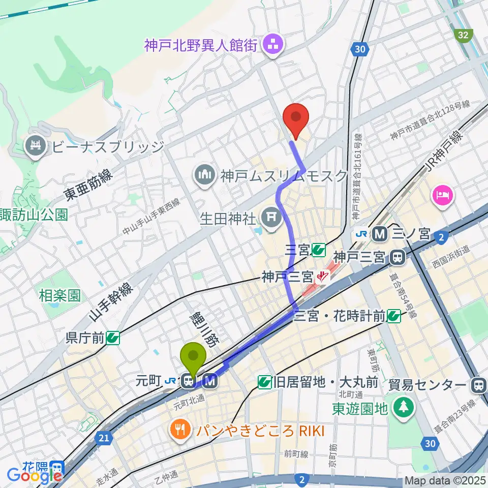 元町駅から神戸Y's ROADへのルートマップ地図