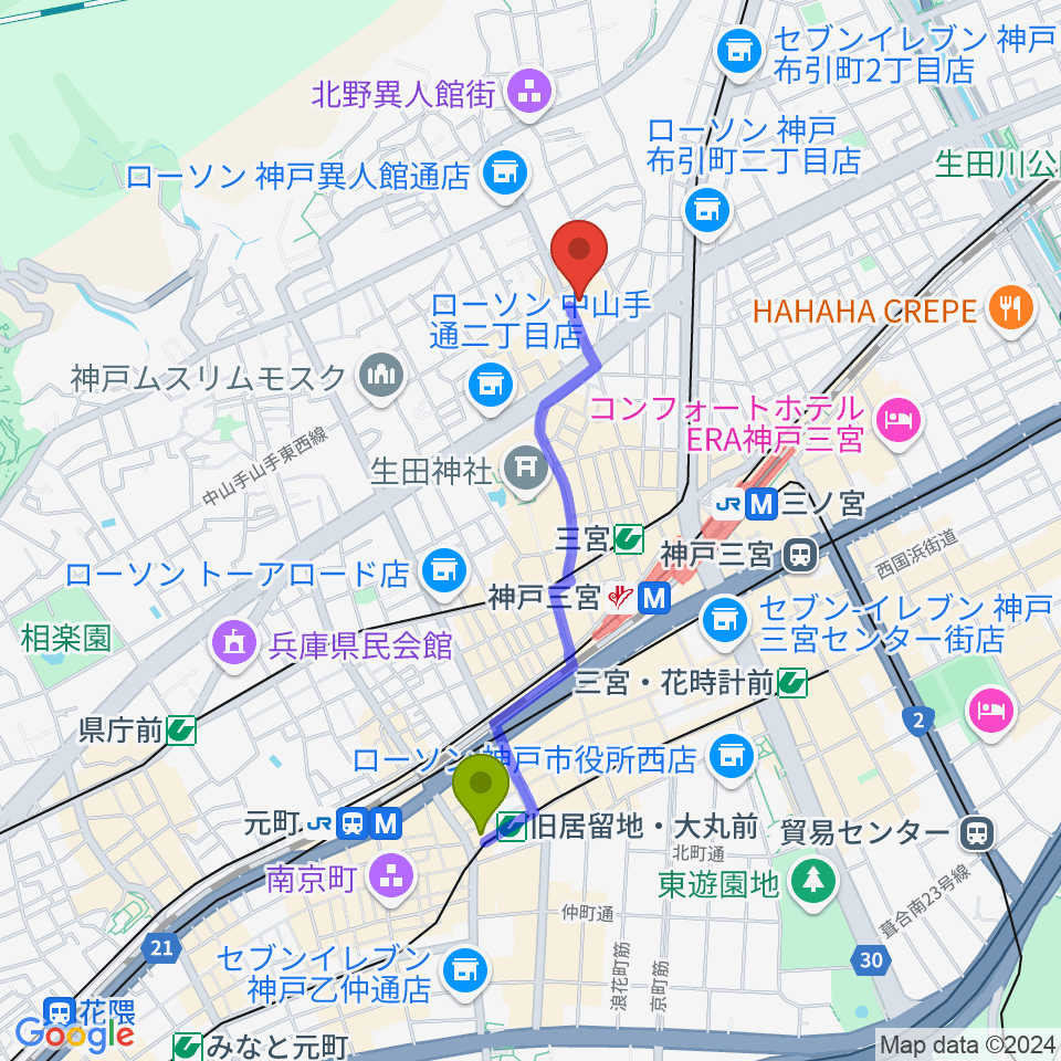 旧居留地・大丸前駅から神戸Y's ROADへのルートマップ地図