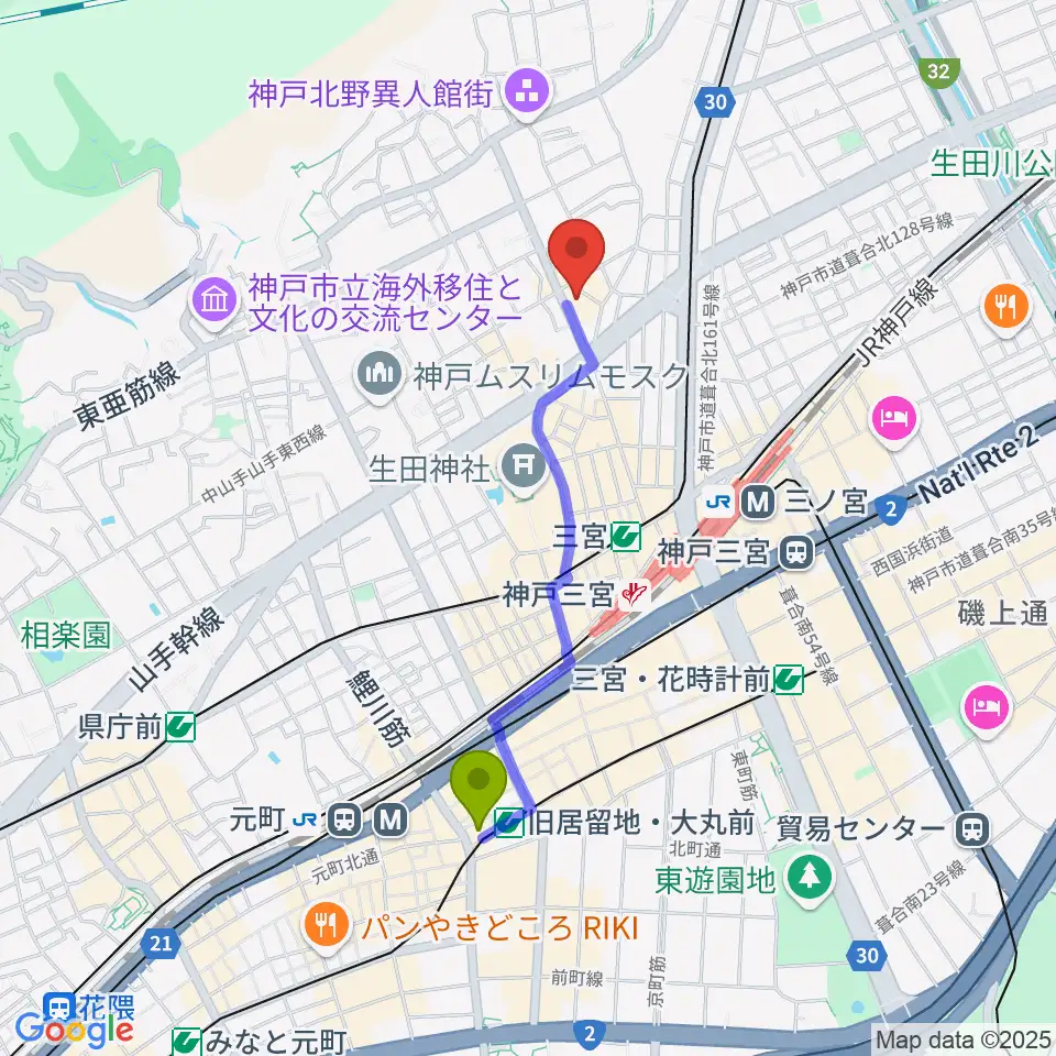 旧居留地・大丸前駅から神戸Y's ROADへのルートマップ地図