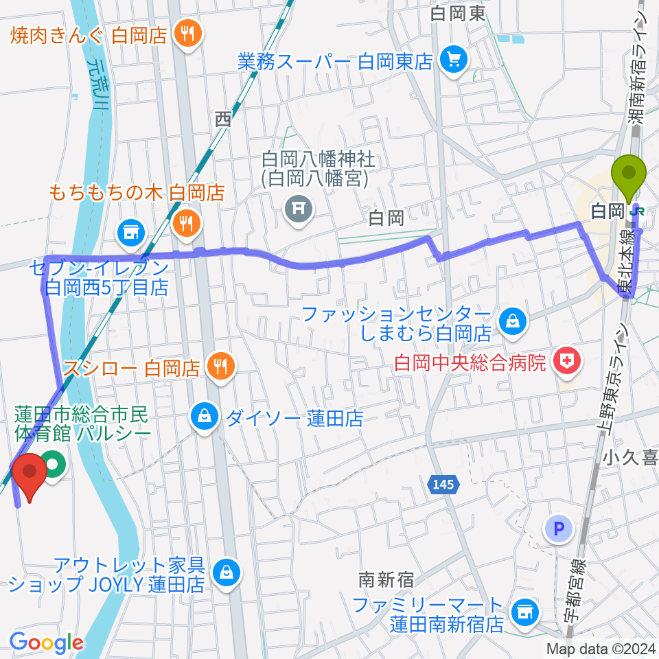 蓮田市総合文化会館ハストピアの最寄駅白岡駅からの徒歩ルート（約31分）地図