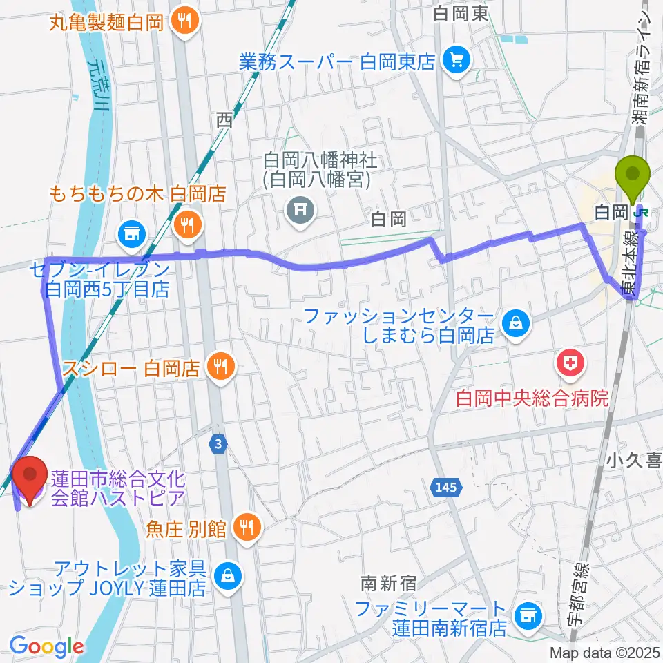 蓮田市総合文化会館ハストピアの最寄駅白岡駅からの徒歩ルート（約31分）地図