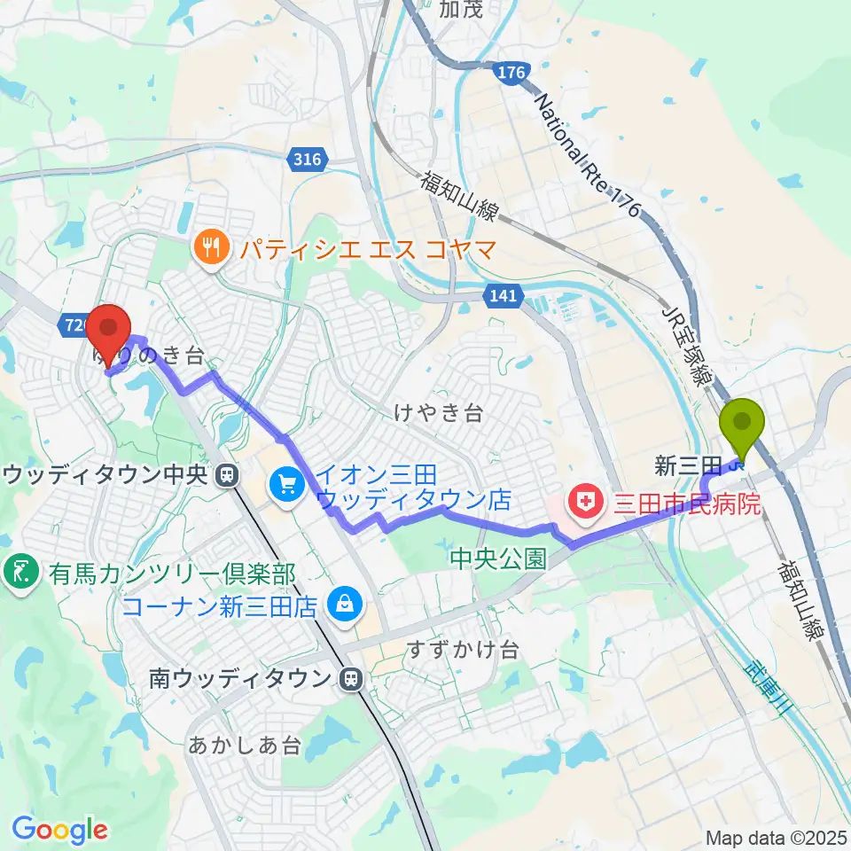 新三田駅からリーフホールへのルートマップ地図