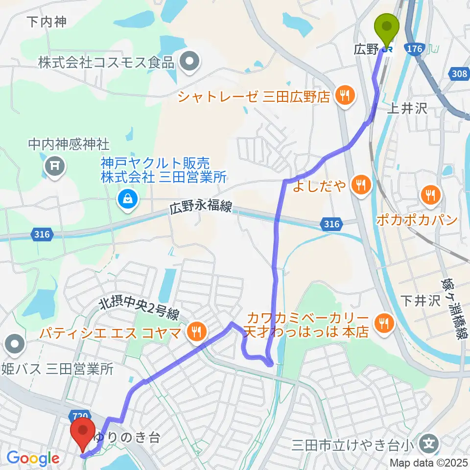 広野駅からリーフホールへのルートマップ地図