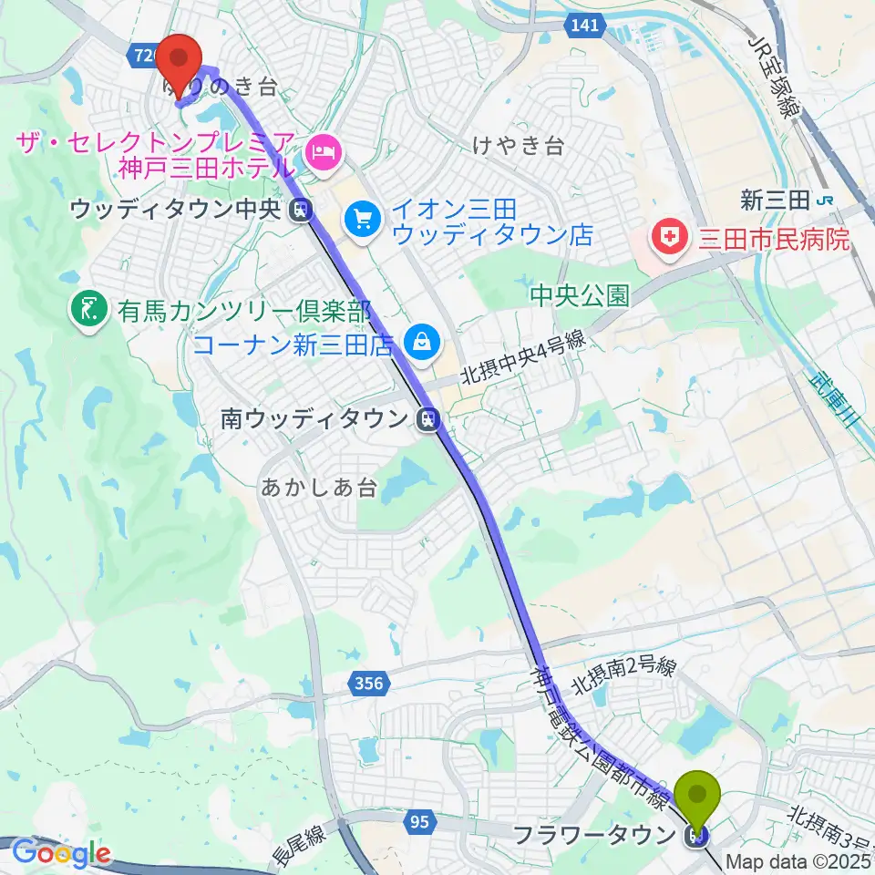 フラワータウン駅からリーフホールへのルートマップ地図