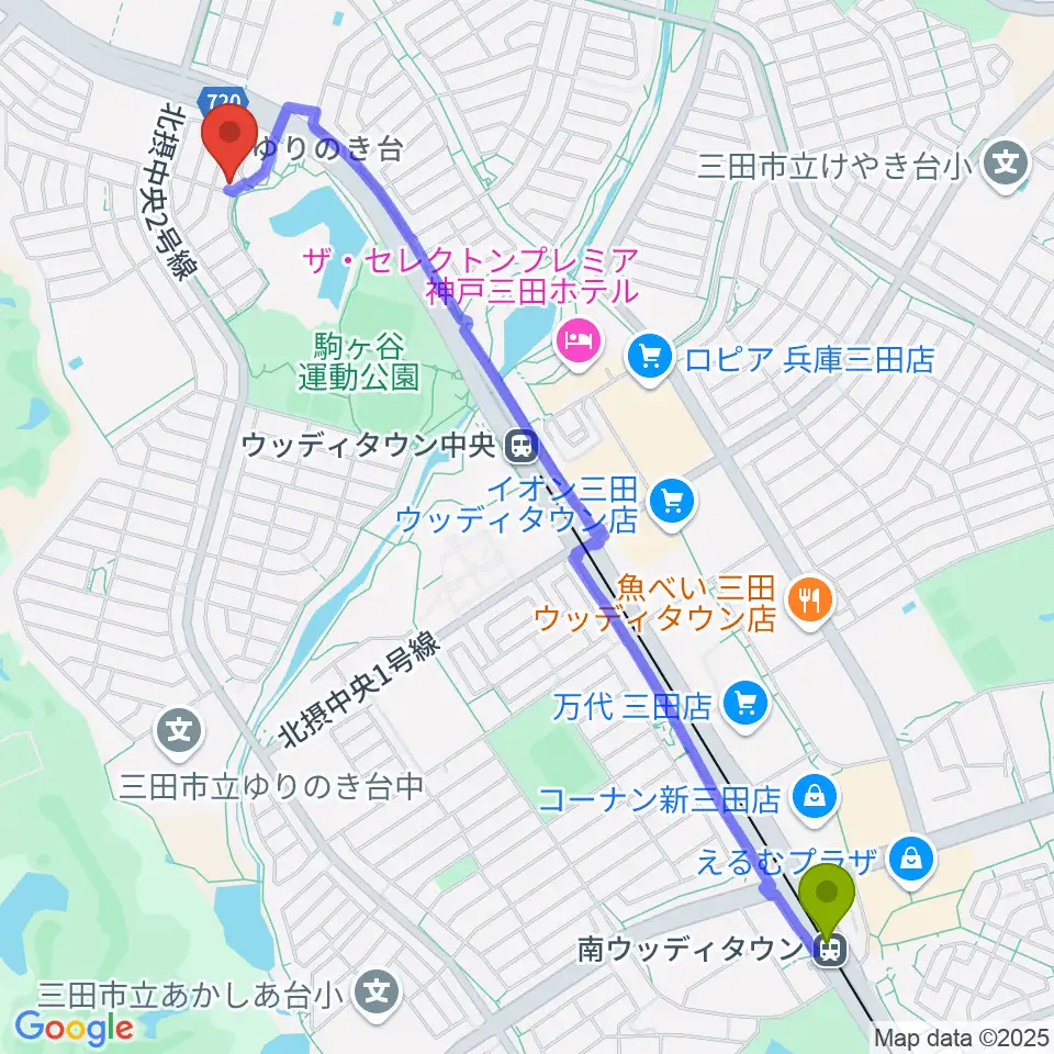 南ウッディタウン駅からリーフホールへのルートマップ地図