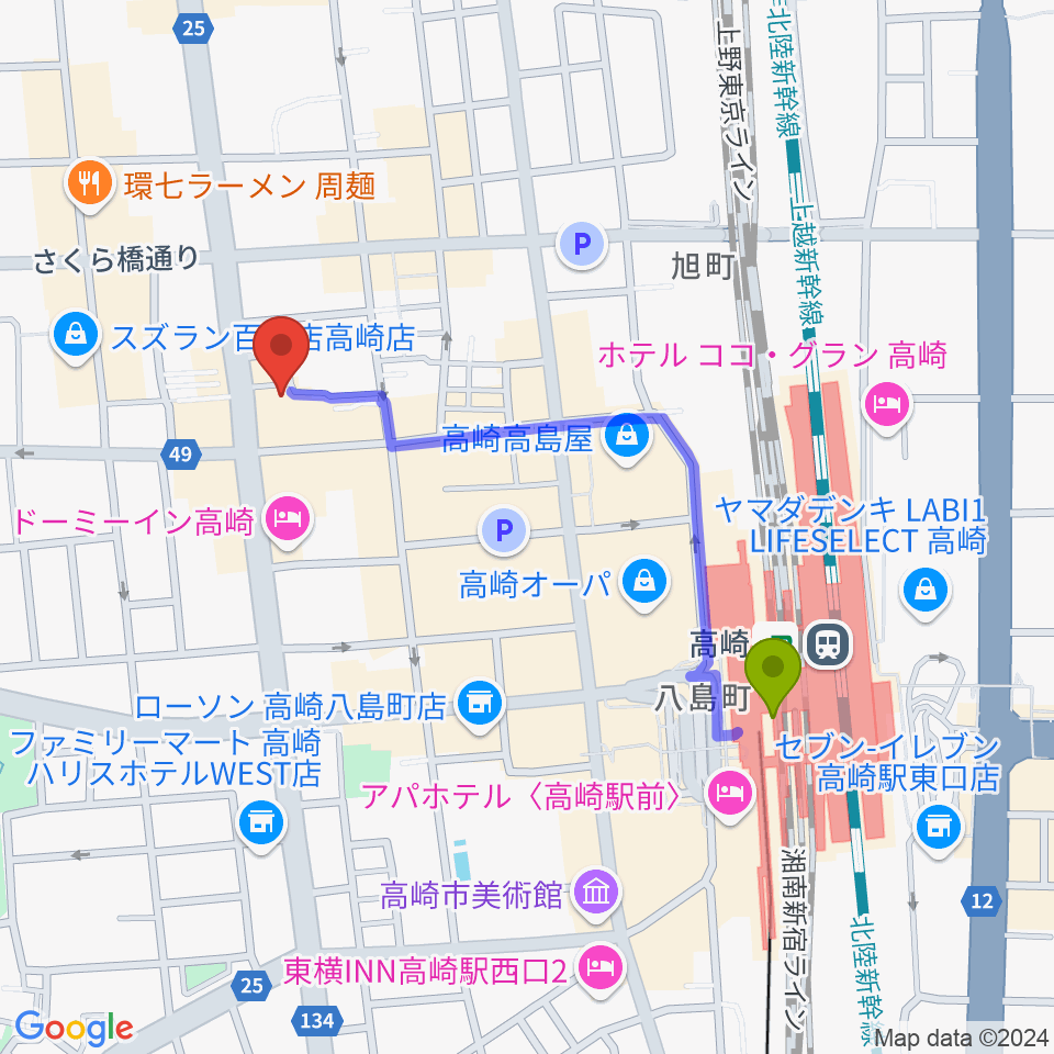 高崎WOALの最寄駅高崎駅からの徒歩ルート（約9分）地図