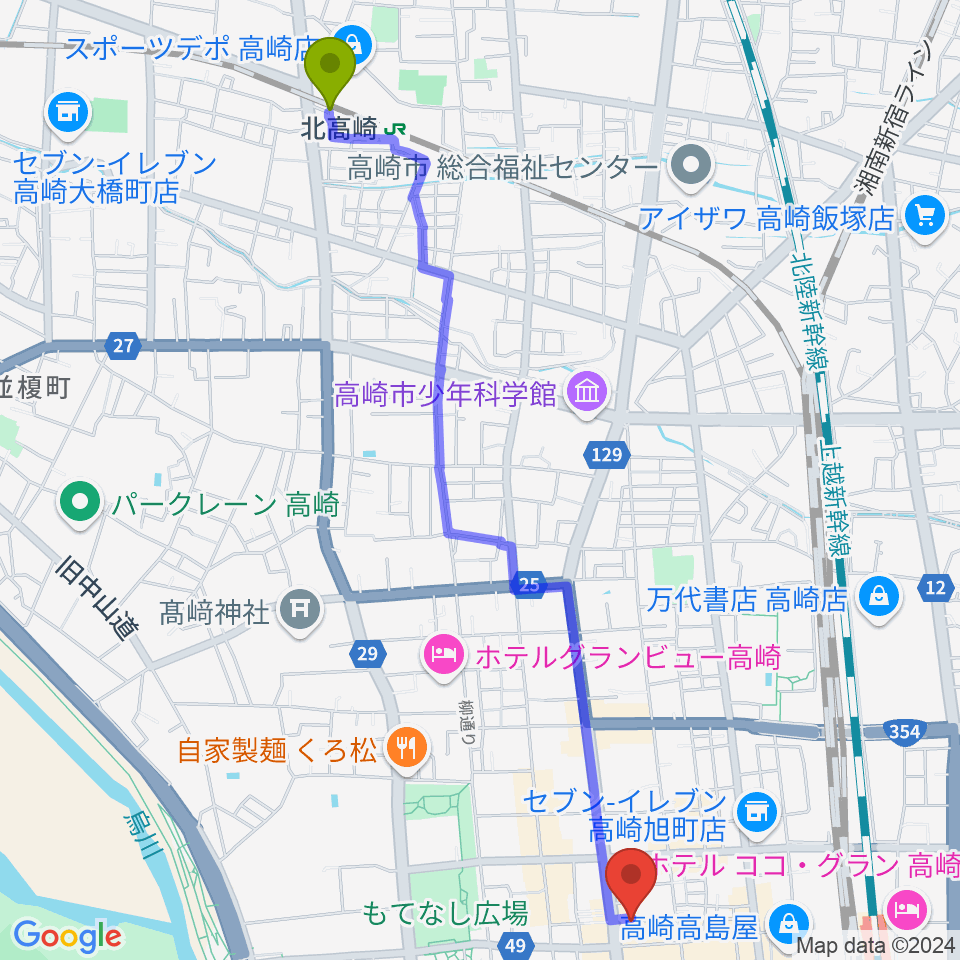 北高崎駅から高崎WOALへのルートマップ地図