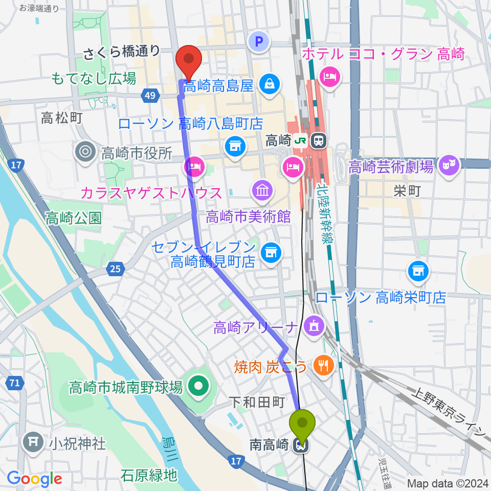 南高崎駅から高崎WOALへのルートマップ地図