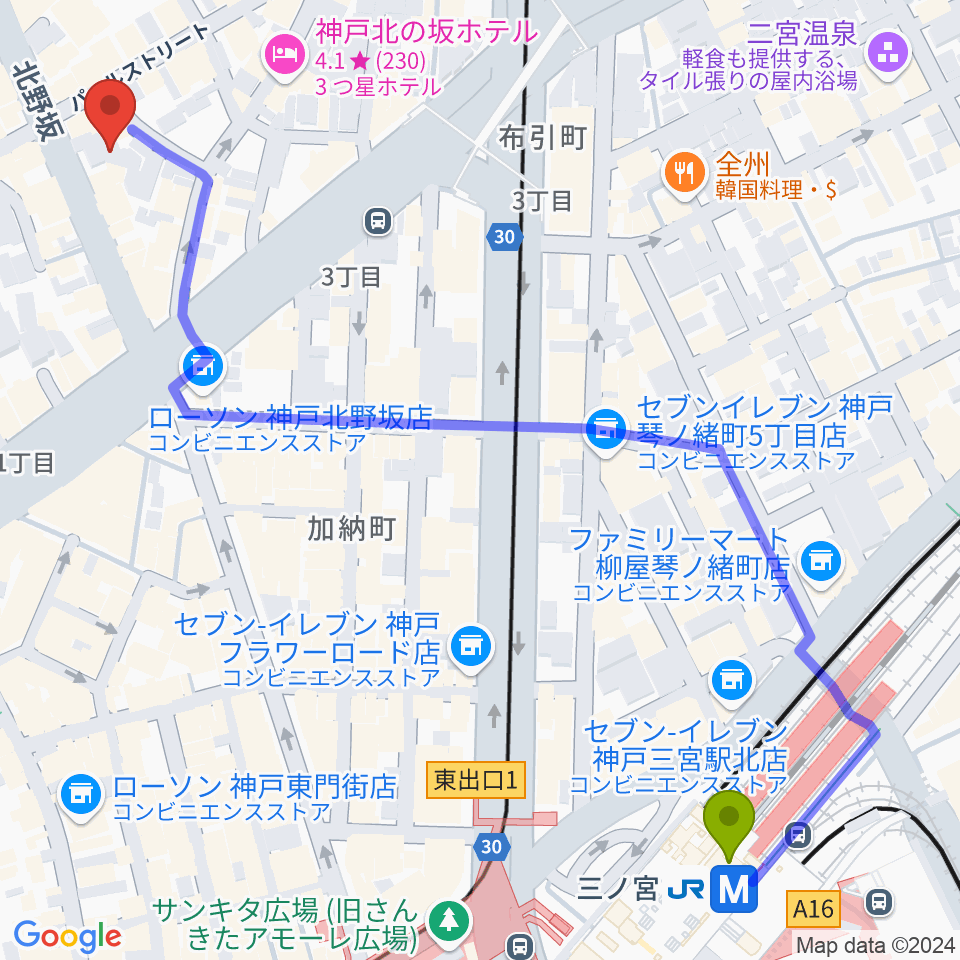 神戸ミッドナイトサンの最寄駅三ノ宮駅からの徒歩ルート（約8分）地図