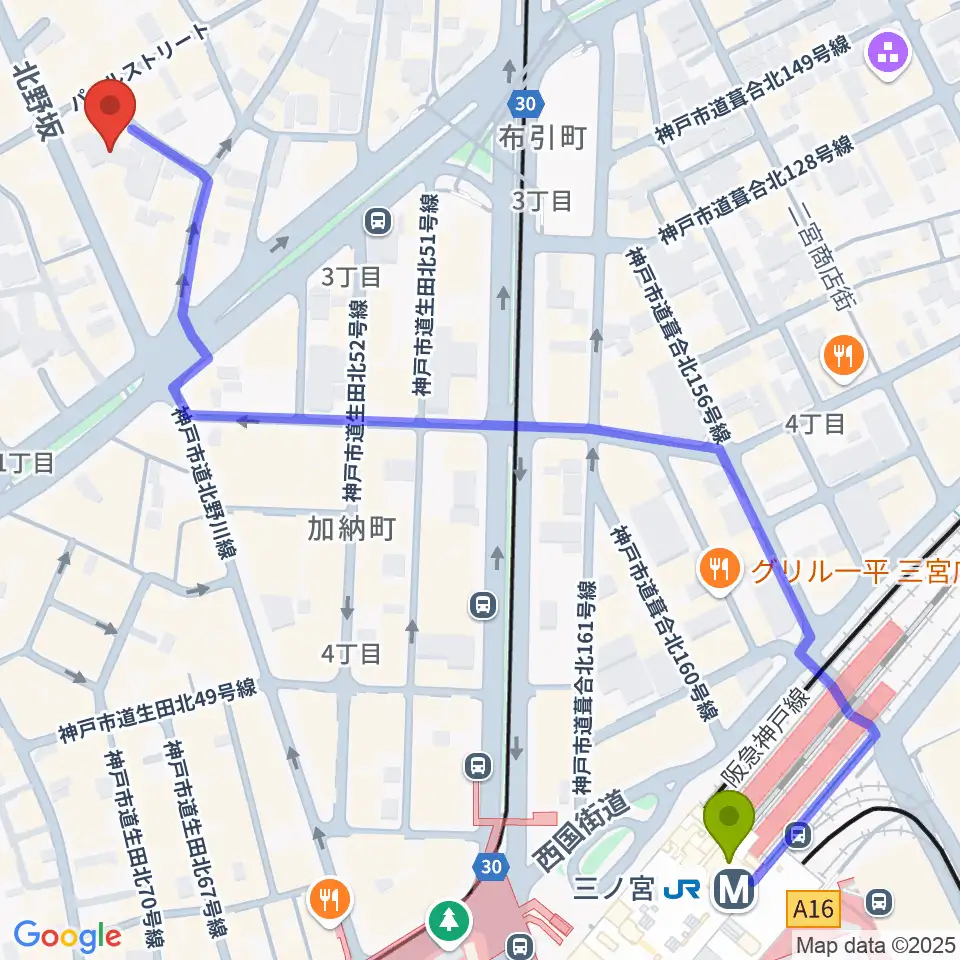 神戸ミッドナイトサンの最寄駅三ノ宮駅からの徒歩ルート（約8分）地図